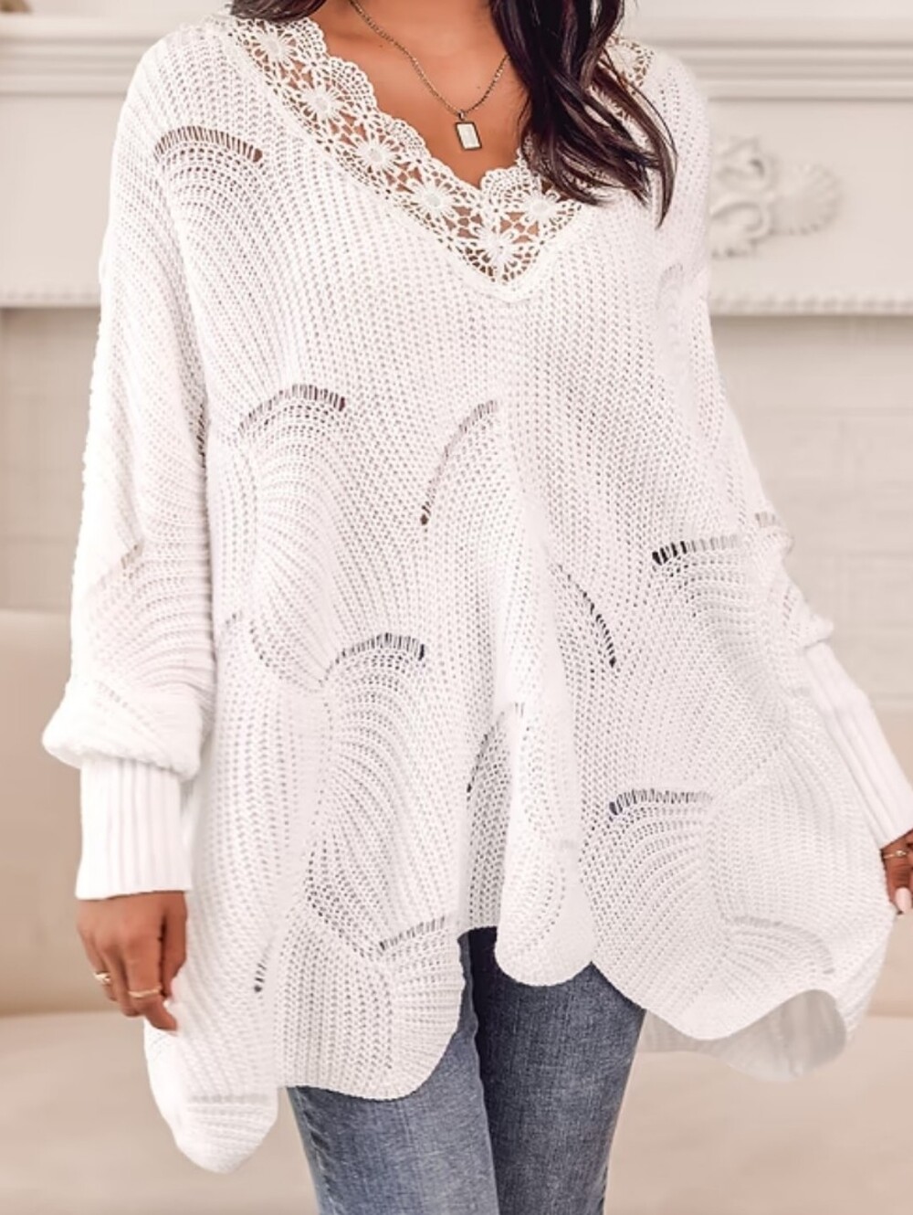 Women's White Crochet V-Neck Sweater